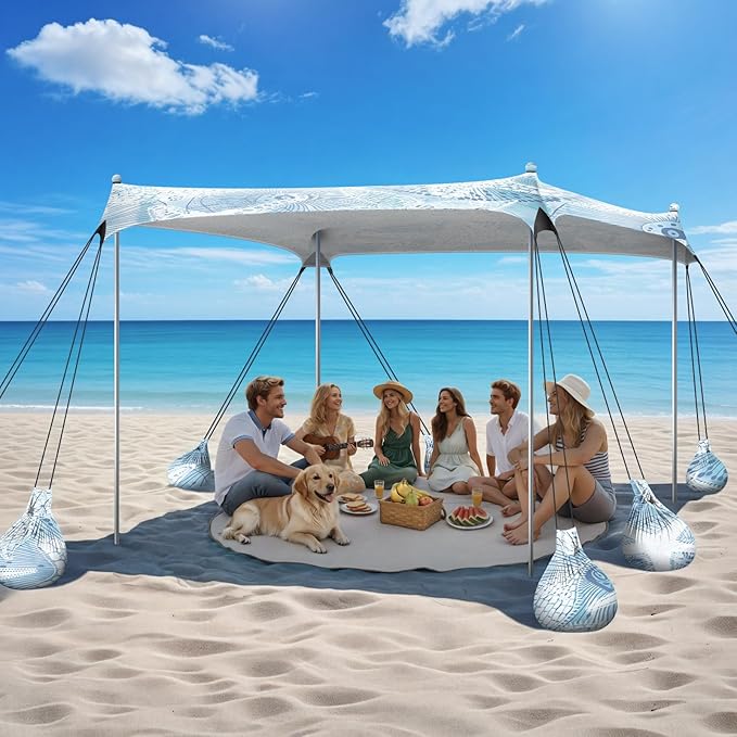 Beach Tent Sun Shelter, 10 x 10 FT Beach Canopy Tent Sun Shade, UPF50+ Tents Canopy with 8 Sandbags & 4 Stability Poles, Outdoor Tents for Camping Fishing, Starfish
