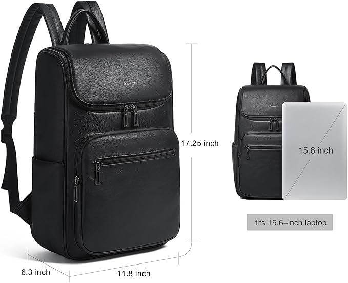 Leather Backpack for Women, Fits 17 Inch Laptop in Main Compartment, Dedicated 15.6 Inch Padded Sleeve, Large Vegan Leather Travel Computer Bag with Luggage Strap for Business and Work, Black