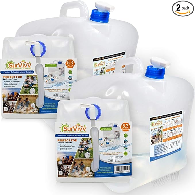 Collapsible Water Container with Spigot, BPA Free, Food Safe Camping Water Storage Cube Jug for Outdoor Hiking Hurricane & Emergency Survival Kit, Portable Foldable Canteen