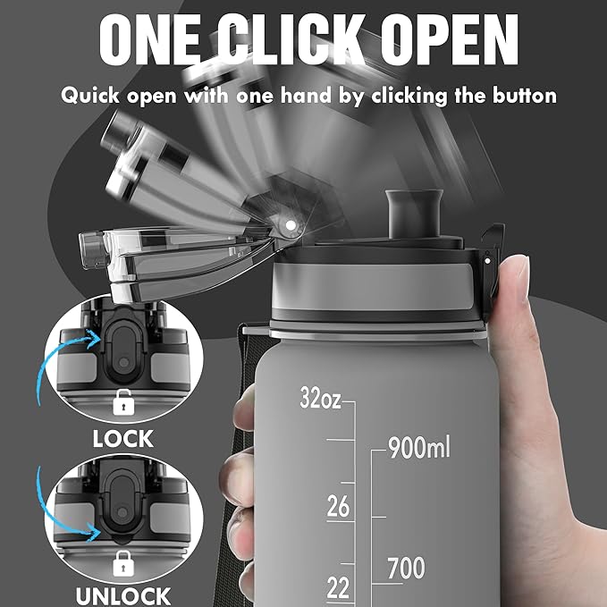 OLDLEY Water Bottle, 32oz Motivational Sports Water Bottle with Time Marker - Times to Drink - Tritan, BPA Free, Wide Mouth Leakproof, Grey Misty (1 Bottle)