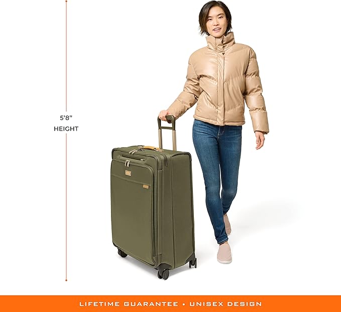 Briggs & Riley 29" Large Expandable Spinner - Checked Luggage for Travel, Suitcases with Wheels, Softside Rolling Bag for Men & Women, Self-Repairing Zipper - Baseline Collection, Olive