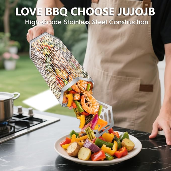 5PCS Grill Baskets For Outdoor Grill,Upgrade Buckle Rolling Nesting Grill Baskets,BBQ Accessories Tools Set With Brush,Tongs For Vegetables Camping,Birthday Gifts For Men Dad Husband,Fathers Day