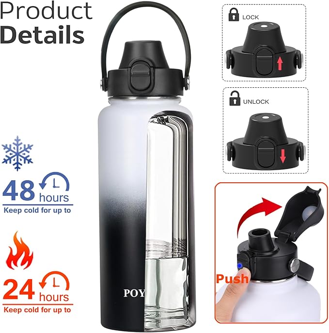 Water Bottle Insulated 32oz 40oz 64oz 128oz Straw Lid Spout Lid & 3 Lids, Leak Proof, Vacuum Insulated,Stainless Steel Water Bottle Wide Mouth for Sports, Gym or Office
