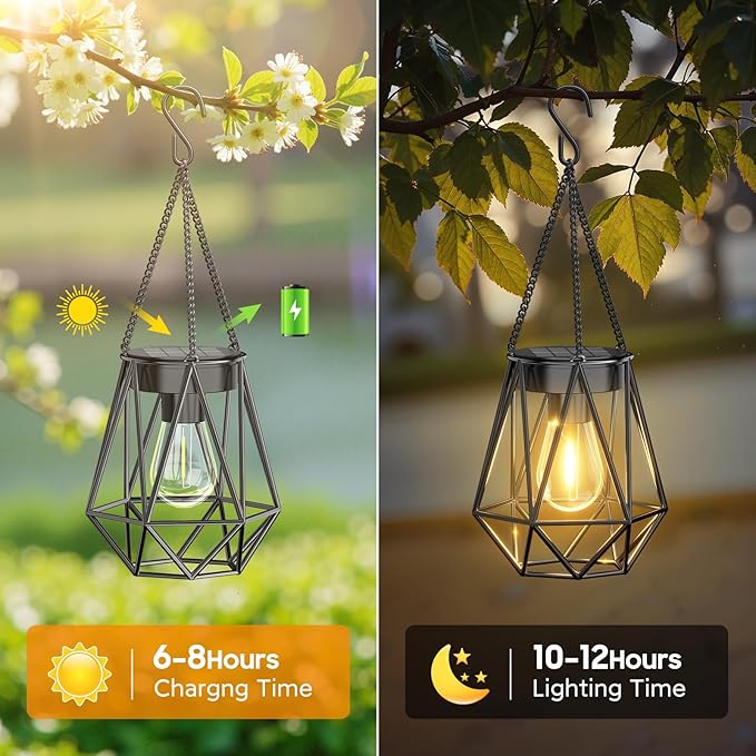 KOOPER 2 Pack Hanging Solar Lanterns Outdoor Waterproof, Metal Solar Powered Lantern Lights, Bright Diamond Shape Lantern with Hook, Outdoor Decorative Lanterns for Patio Porch Garden Yard Decor Gift