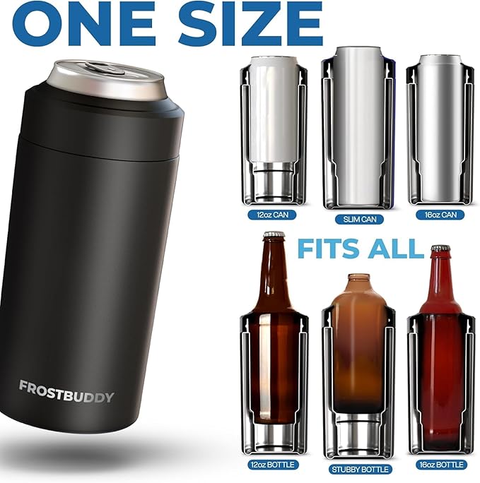 Frost Buddy Universal Buddy Can Cooler - Fits All - For Regular 12 & 16 oz or Slim-Size Bottles - Insulated Double-Walled Stainless Steel (Black Leopard)