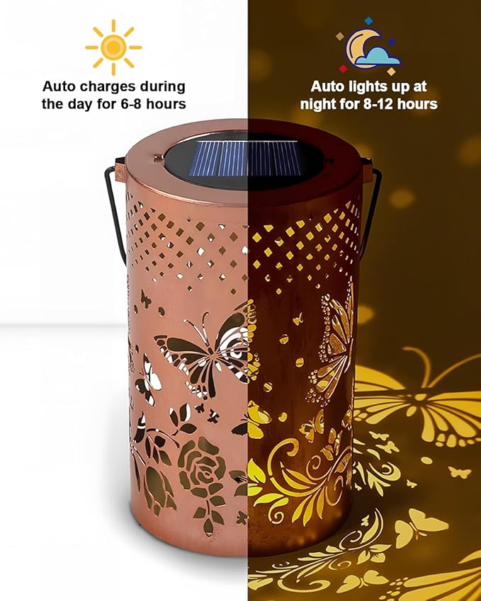 Solar Lanterns Outdoor, Waterproof Butterfly Garden Decor Birthday Gifts for Women Mom Grandma, Metal Hanging Solar Lights Decoration Outside LED Lanterns for Patio Yard Lawn Backyard Front Porch