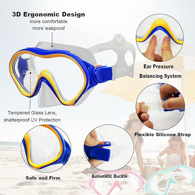 Kids Mask Fins Snorkel Set Snorkeling Packages, with Diving Mask, Snorkel, Adjustable Swim Fins, Mesh Bag, Anti-Fog Anti-Leak Snorkeling Gear for Kids for Snorkeling Swimming Diving