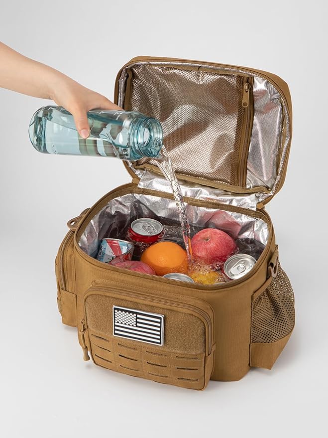 QT&QY Tactical Lunch Bag for mens Military heavy duty lunch box work Leakproof insulated Durable Thermal Cooler Bag for Adult Meal for Office Camping Picnic Pail MOLLE Webbing Khaki