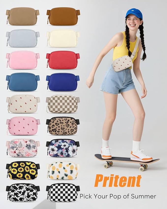 Pritent Fanny Packs for Women Cross Body Bag Waterproof Belt Bag with Adjustable Strap and Zipper Back Pocket Small Crossbody Bags Fashion Waist Packs for Workout Travelling(Strawberry Beige, Large)