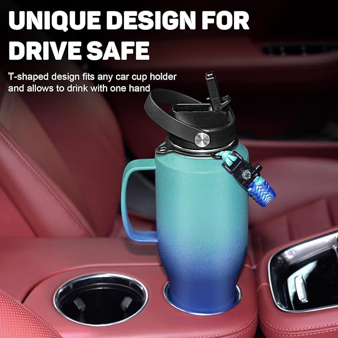 Water Bottle 40oz, Insulated Water Bottle with Handle & Straw Lids, Stainless Steel Water Bottle Fits in Any Car Cup Holder, Travel Cup Double Wall BPA-Free Leak-proof to Keep Cold &Hot