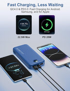 Portable Charger, 12000mAh 22.5W USB C Power Bank Fast Charging with Built-in Cables & Wall Plug, 5-in-1 External Battery Pack with LED Display, Perfect Backup Charger for iPhone, iPad, Samsung Navy