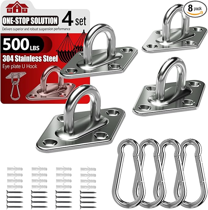 sprookber 304 Stainless Steel Pad Eye Snap Hooks, M5 Heavy Duty Ceiling Hooks, 500 lb Capacity Hammock Swing Hanging kit, Plant Hangers, Marine Hardware Staple Hook Loop with Screws, Set of 8