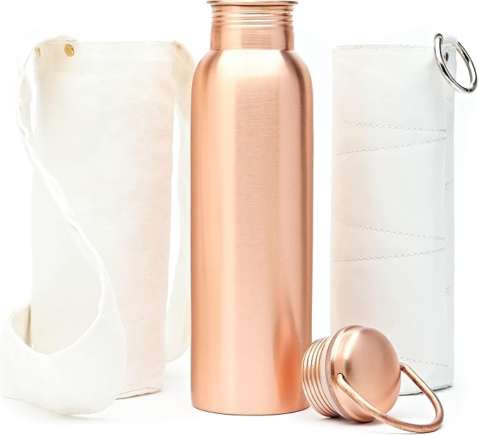 Authentic Ayurvedic Copper Water Bottle (34Oz /1000ml) With Carrying Canvas Bag & Sleeve For Drinking Water And Leak-Proof