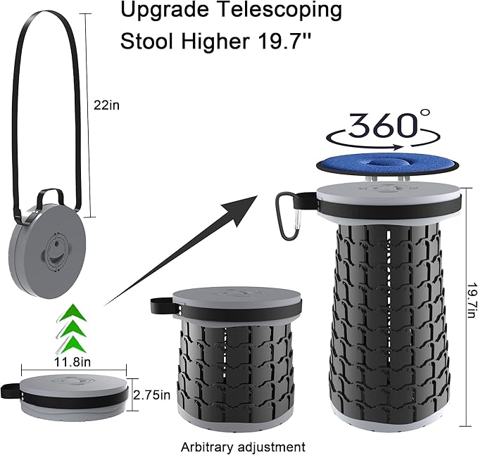 ALEVMOOM 2025 Upgraded XXL Collapsible Stool with Cushion 19.7",1000lbs Max Weight,Wider & Taller Seat, Heavy Duty Portable Retractable Folding Chair or Travel Foot for Camping & Outdoors(Grey)
