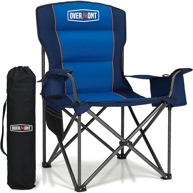 Overmont Oversized Folding Camping Chair - 450lbs Support with Padded Cushion Cooler Pockets - Heavy Duty Collapsible Chairs for Sports Garden Beach Fishing