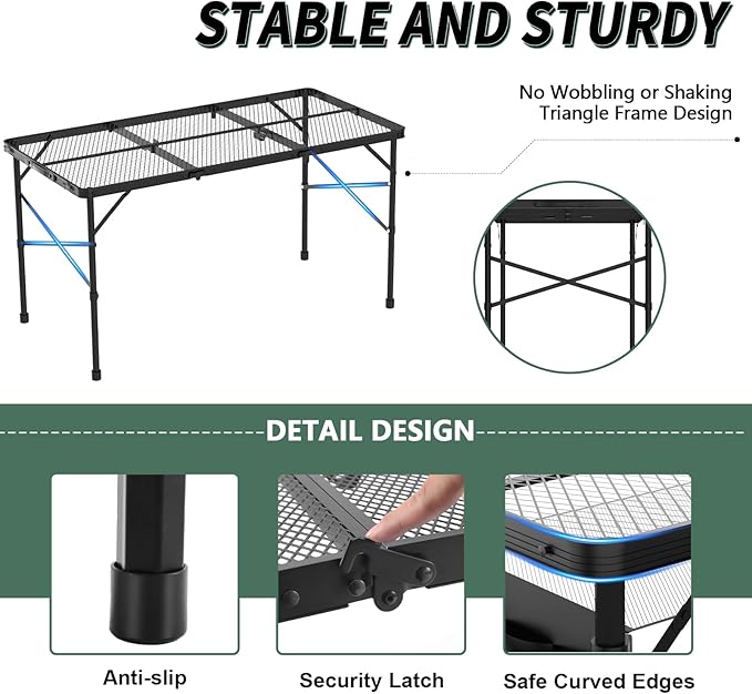 Folding Gril Table, 4x2 FT Camping Table with Mesh Desktop,Height Adjustable Folding Grill Table with Mesh Bag,Portable Outdoor for Picnic,Camping,BBQ,Beach(Black)