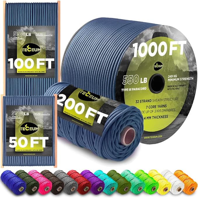 TECEUM 5/32" Paracord Rope 1000 – 1000ft / 200ft / 100ft / 50ft – Tactical Parachute Cord 4mm – 45+ Colors – Nylon String for Survival & Camping Gear – Stripe Cord for Survival – Utility Rope