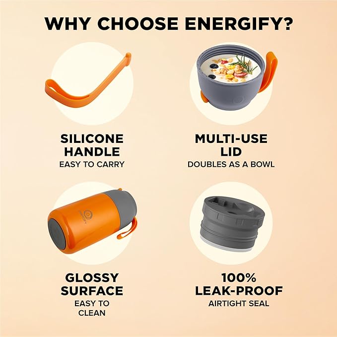 ENERGIFY Vacuum Insulated Food Jar. Large 24oz Bowl incl. Folding Spoon, Cup. Wide Mouth Keep Hot & Cold Drinks Soup Lunch Container for Adults. BPA-Free Stainless Steel, Leak Proof Orange