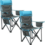 Oversized High-Back Camping Chairs with Pillow, Dual Cup Holders & Cooler Bag - Heavy Duty Foldable Outdoor Chair for Adults, Picnic, Fishing, Backyard, Sports (2, Bluegrey)