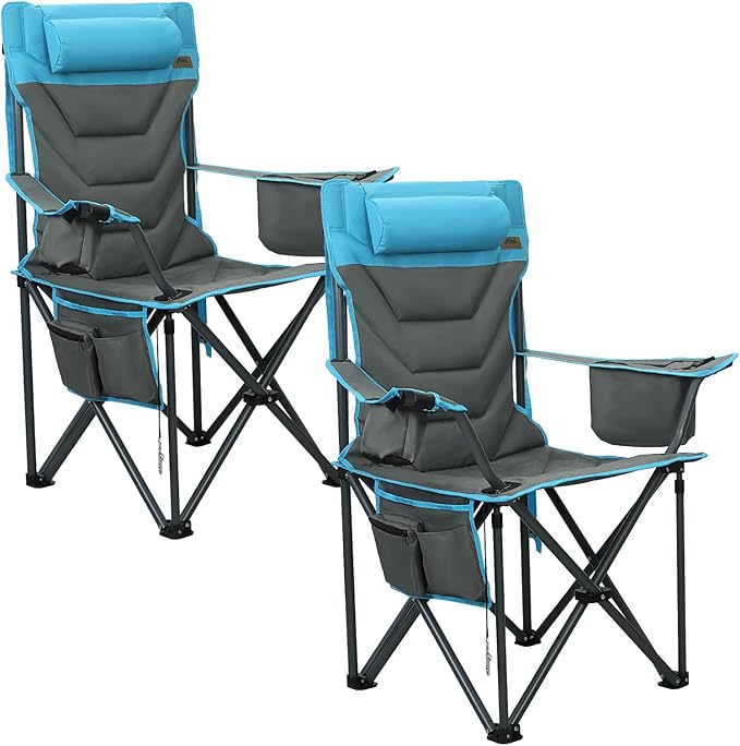 Oversized High-Back Camping Chairs with Pillow, Dual Cup Holders & Cooler Bag - Heavy Duty Foldable Outdoor Chair for Adults, Picnic, Fishing, Backyard, Sports (2, Bluegrey)