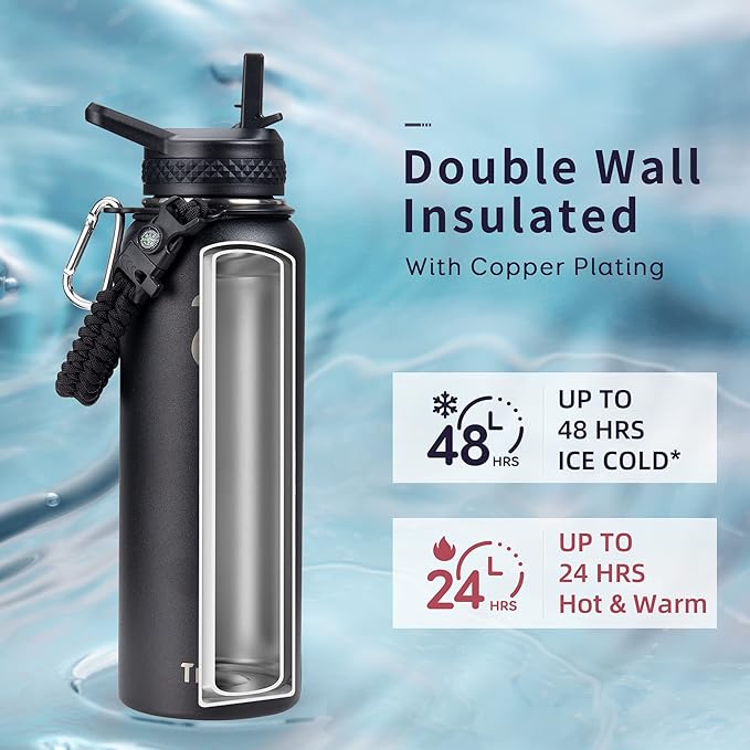 Trebo 40oz Water Bottle Insulated with Lid and Straw,Double Wall Vacuum Stainless Steel Metal Tumbler Sports Flask with Paracord Handle, Keep Hot 24 Hours & Cold 48 Hours Water Jug with 3 Lids, Black