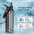 Trebo 40oz Water Bottle Insulated with Lid and Straw,Double Wall Vacuum Stainless Steel Metal Tumbler Sports Flask with Paracord Handle, Keep Hot 24 Hours & Cold 48 Hours Water Jug with 3 Lids, Black