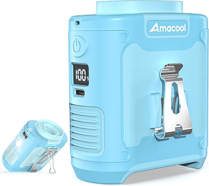 AMACOOL Portable Waist Fan Clip On, MAX 40H Work Time, 10000mAh Rechargeable Wearable Shirt Fan with Light, 16000RPM Powerful 5 Speed Belt Fans Personal Cooling Fans for Outdoor Jobsite Camping Travel