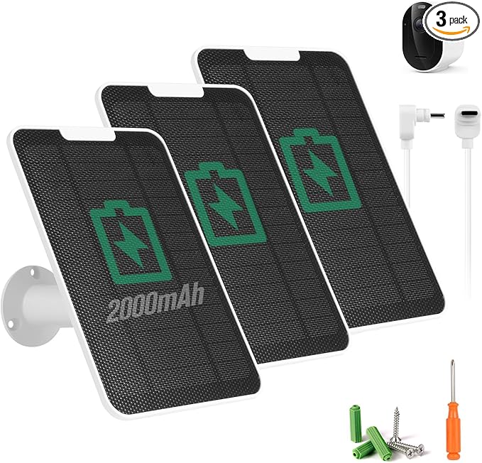 Solar Panel Charger Compatible with Arlo Pro Security Camera 2K HDR(6th Gen, 2025 Release), Built-in Battery Solar Panel for Arlo Pro 6/6XL, 9.8ft USB-C Plug Cable, IP65 Waterproof, Wall Mount, 3 Pack