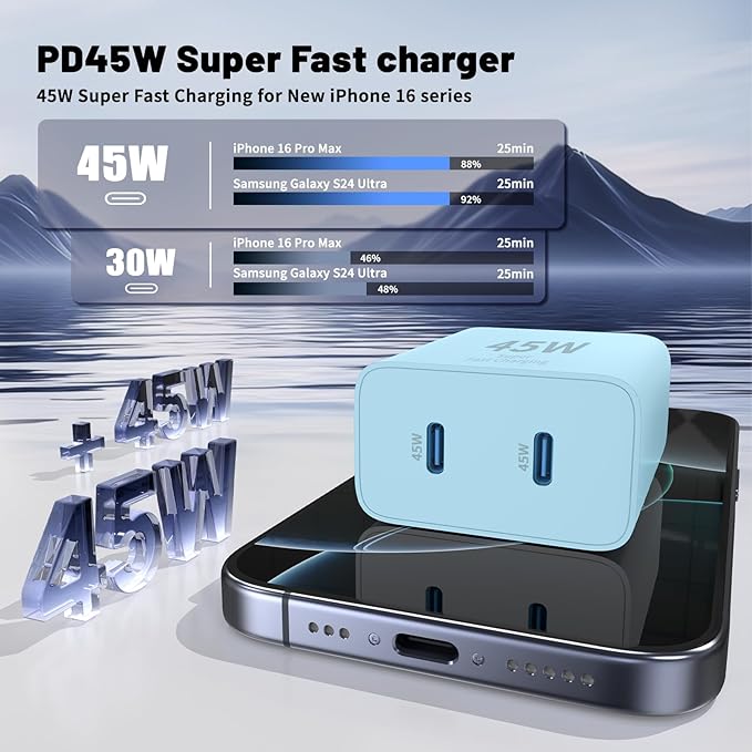 QZIIW Super Fast Samsung Charger Type C,45W Dual Port USB C Fast Charger Block [2-Pack] & Extra Long 60W 3/6/6/10FT USB C Cable - PD Quick Charging 3.0 for Samsung Galaxy S25 Ultra/S24+/S23 iPhone 16