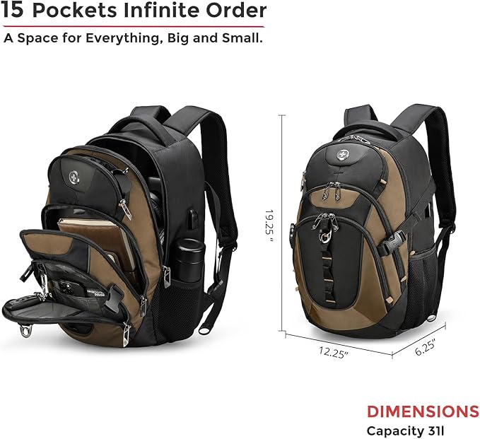 Swissdigital Design Laptop Backpack, Travel Backpack with USB Charging Port Fits 15.6 inches Computer, 31L College School Bookbag for Men,Tan/Black | SD803-34