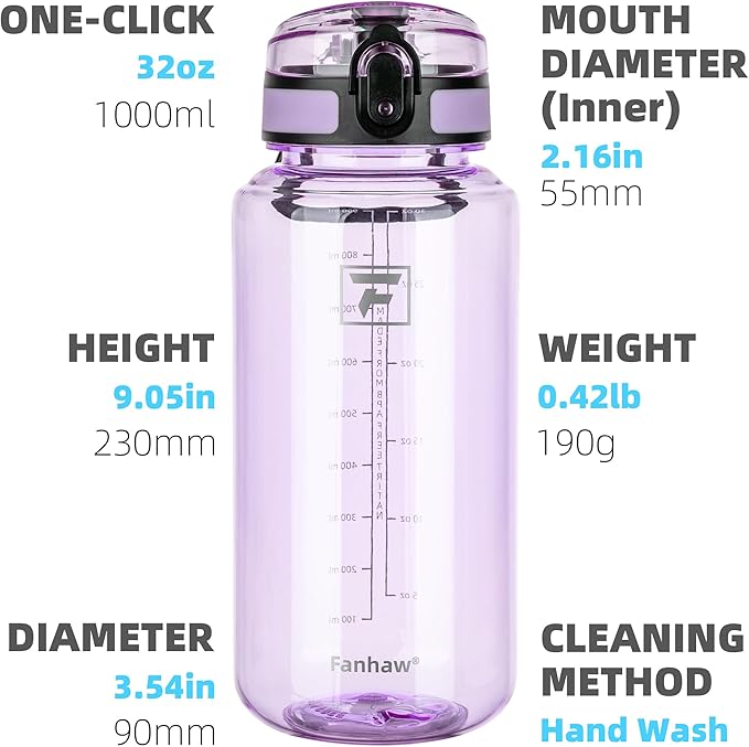Fanhaw 32 Oz Clear Tritan Water Bottle with Chug Lid, BPA-free, Wide Mouth, Leak Proof - for Gym, Travel, Home, School, Office (Amethyst)