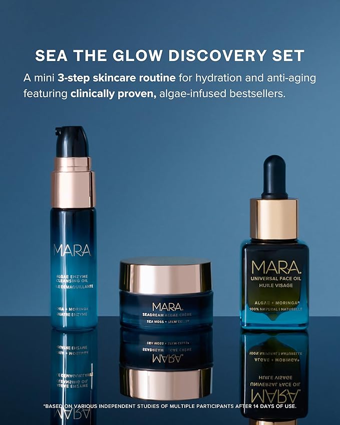 MARA Sea the Glow Discovery Set – Travel Size Skincare Set with Cleanser, Face Oil & Firming Moisturizer – Hydrating, Anti-Aging Routine to Cleanse, Plump & Glow (3-Piece Kit)