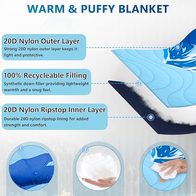 Camping Blanket Waterproof, Packable Down Alternative Puffy Printed Camp Blankets Ultra Warm Lightweight Hammock Top Quilt Outdoor Blanket for Travel Picnic Stadium Hiking Party Cold Weather 55"x78.8"