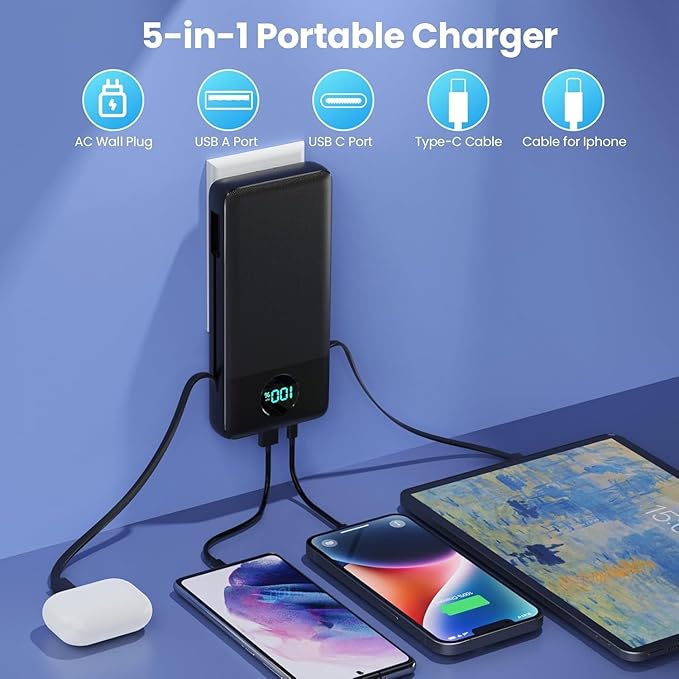 Portable Charger USB C Power Bank with 2 Built in Cables & AC Wall Plug,13800mAh Portable Battery Pack Fast Charging Compact LED Display Universal Compatible with iPhone 16/15,Galaxy S23,Tablets etc