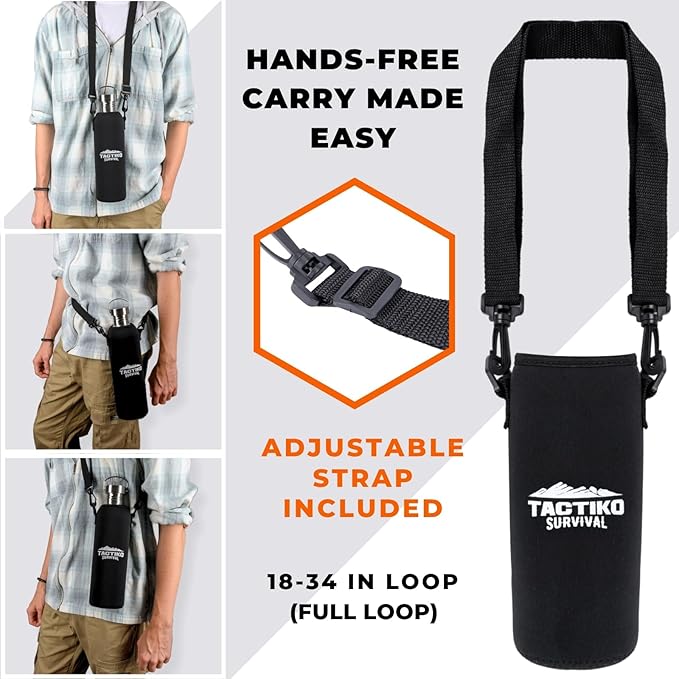 Tactiko Survival Stainless Steel Wide Mouth Water Bottle, Single Wall Boil-Safe, Leakproof, BPA-Free with Carry Sleeve and Strap for Camping, Hiking, Outdoor Prep (Black, 51 oz / 1500 ml)