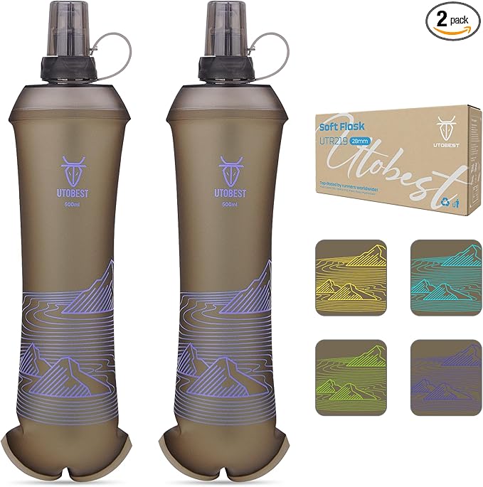 UTOBEST 500ml Soft Flask, 2 Pack Flexible TPU Hydration Water Bottle, Collapsible with 28mm Caliber for Running, Hiking, Cycling, Climbing, and Marathon Purple