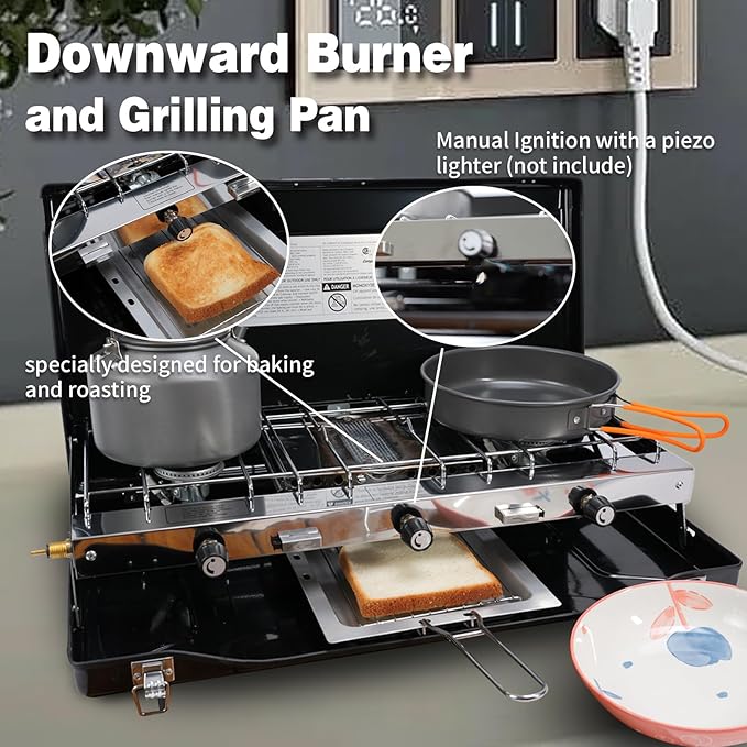 3-Burner Propane Camping Stove - Portable Stove with Adjustable Burners, Wind Guards, Toast Tray, 20,400 BTUs for Camping, Tailgating, BBQ, Picnics