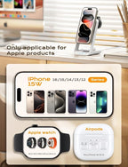 3 in 1 Charging Station for iPhone, Magsafe Wireless Charger with Cooling Fan for iPhone 16 15 14 13 12 Series & Apple Watch Charger 10/Ultra 2, Wireless Charging Station for AirPods 4/3/Pro