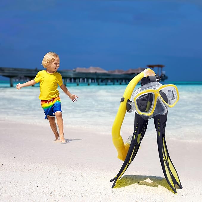 Kids Mask Fins Snorkel Set Snorkeling Packages, with Diving Mask, Snorkel, Adjustable Swim Fins, Mesh Bag, Anti-Fog Anti-Leak Snorkeling Gear for Kids for Snorkeling Swimming Diving