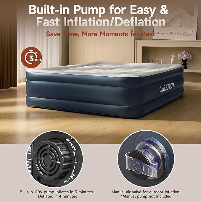 King Size Air Mattress with Built-in Pump, 18in Raised Heavy Duty Inflatable Bed, 1000lbs Maxs, Fast Inflatable Blow up Mattress with Carry Bag, Air Bed for Camping Sleepover Guest Room