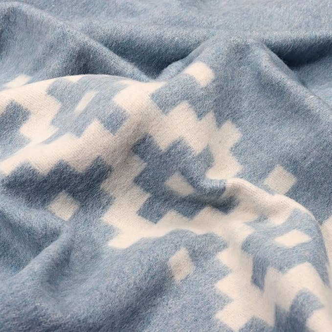 Thick Alpaca Wool Blanket Heavyweight Camping Outdoors Indoors Soft Peru Twin Size Ethnic Design (Soft Blue/Ivory, Twin Size)