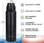 Oldley Insulated Water Bottle 32oz Water Bottles with Straw, Stainless Steel Water Bottle with 3 Lids, Double Wall Vacuum Bottles for Adult,Sports Bottles for School Travel, Black