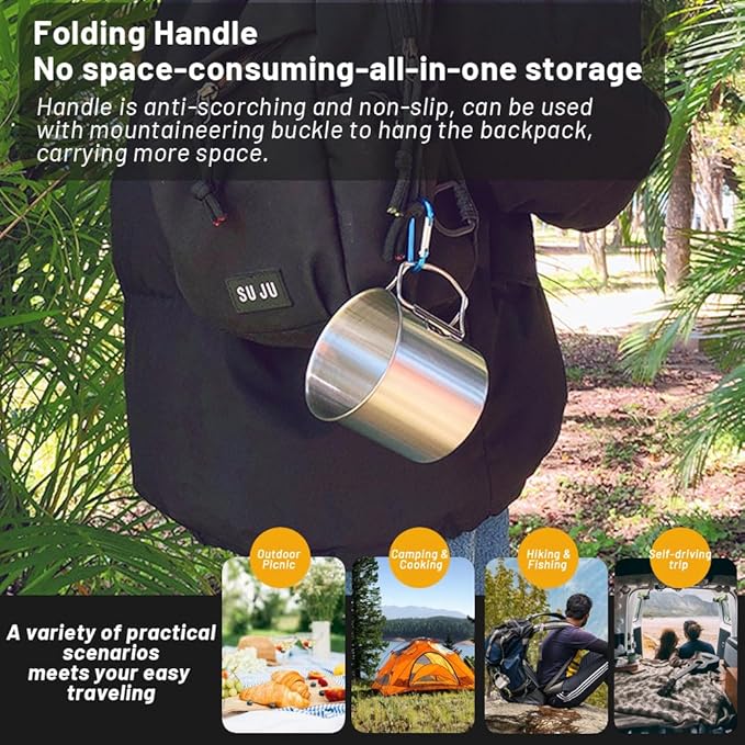 Stainless Camping Cup, 350ml Stainless Steel Camping Cup with Lid and Foldable Handle, High Temperature Direct Heating, Great for Backpacking