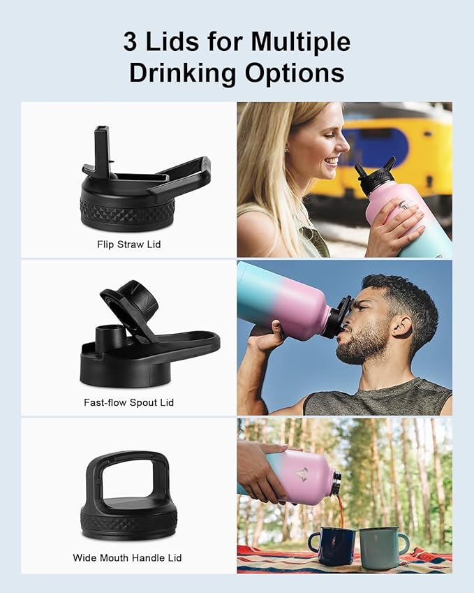 Insulated Water Bottle, 64 oz Stainless Steel Water Bottles with Straw, Leak Proof & BPA Free, Reusable Jug Thermo Flask for Outdoor Sports Gym Camping, Pink/Blue