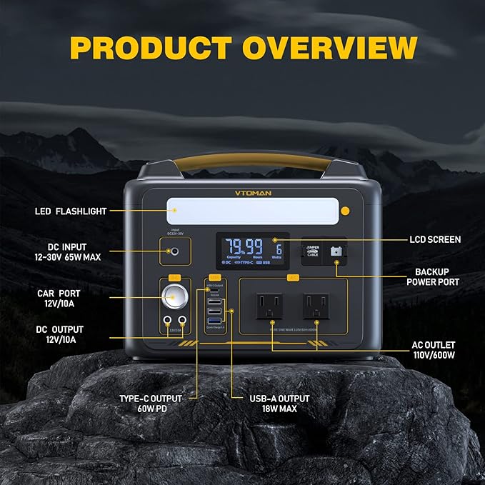 VTOMAN Jump 600X Portable Power Station with Extra Battery, 600W/939Wh LiFePO4 Battery Solar Power Station with 600W Constant-Power, Regulated 12V DC, PD 60W USB-C for Camping, Off-grid, Home Backup