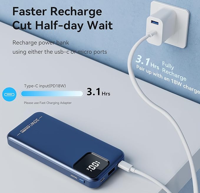 Portable Charger Built-in Cables for iPhone Samsung iPad Android Phone, 10000mAh Power Bank Fast Charging, Smart LED Display Battery Pack 2-Port Output Traveling -Dark Blue