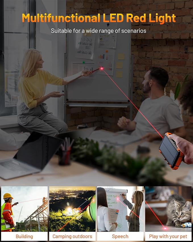 GOODaaa Solar Power Bank, 42800mAh Portable Charger 20W Fast Charging External Battery Pack Built in 4 Cables, Wireless Charging Power Bank for Apple Watches with Flashlight, Carabiner,Thermometer