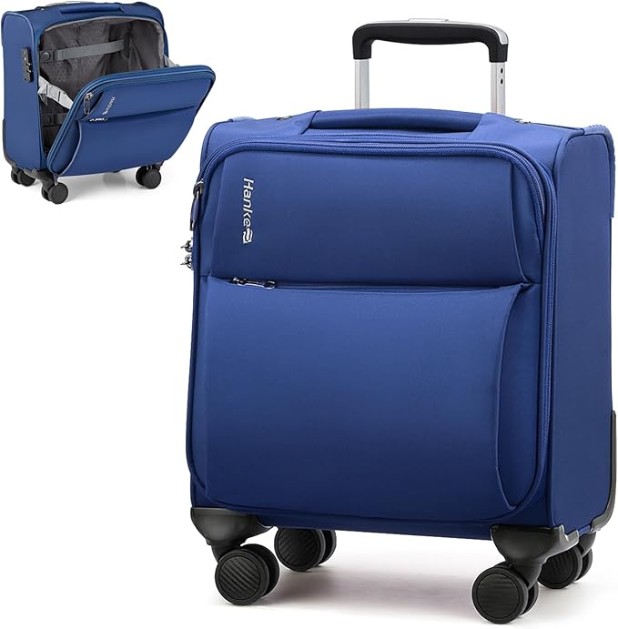 Hanke 16 Inch Underseat Carry On Luggage with Spinner Wheels Airline Approved, Small Rolling Suitcase Softside Underseater Lightweight TSA Travel Roller Suitcase Carry-On Bag(Blue)
