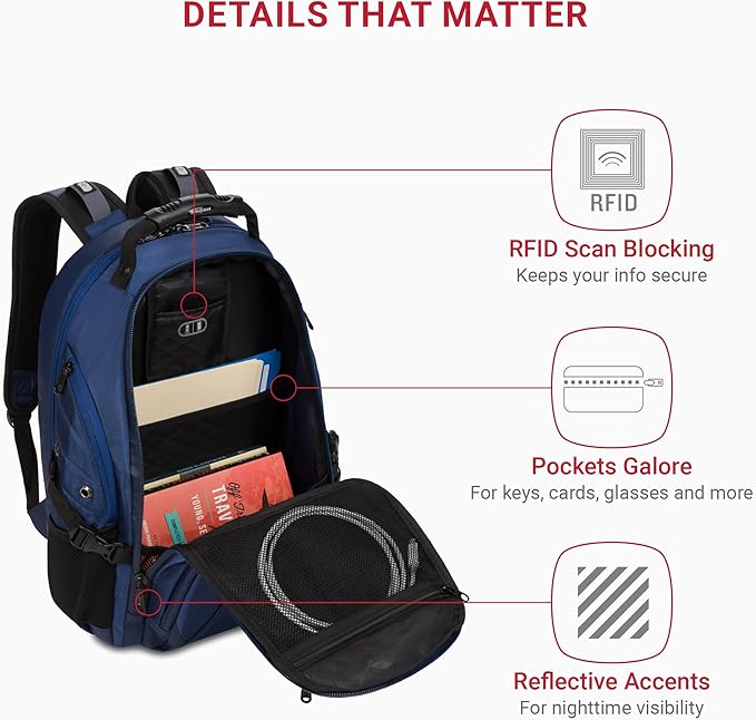 SwissGear 1900 ScanSmart 17” Laptop Backpack Navy Ballistic – Reflective Tech Backpack with ScanSmart Compartment – Multiple Organizer Pockets & RFID Scan Blocking Technology