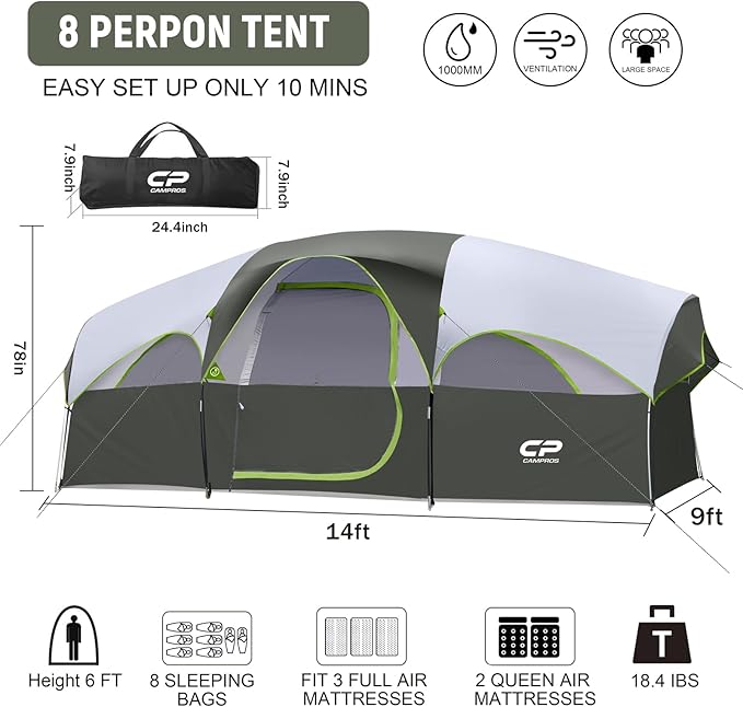 CAMPROS CP Tent 8 Person Camping Tents, Weather Resistant Family Tent, 5 Large Mesh Windows, Double Layer, Divided Curtain for Separated Room, Portable with Carry Bag